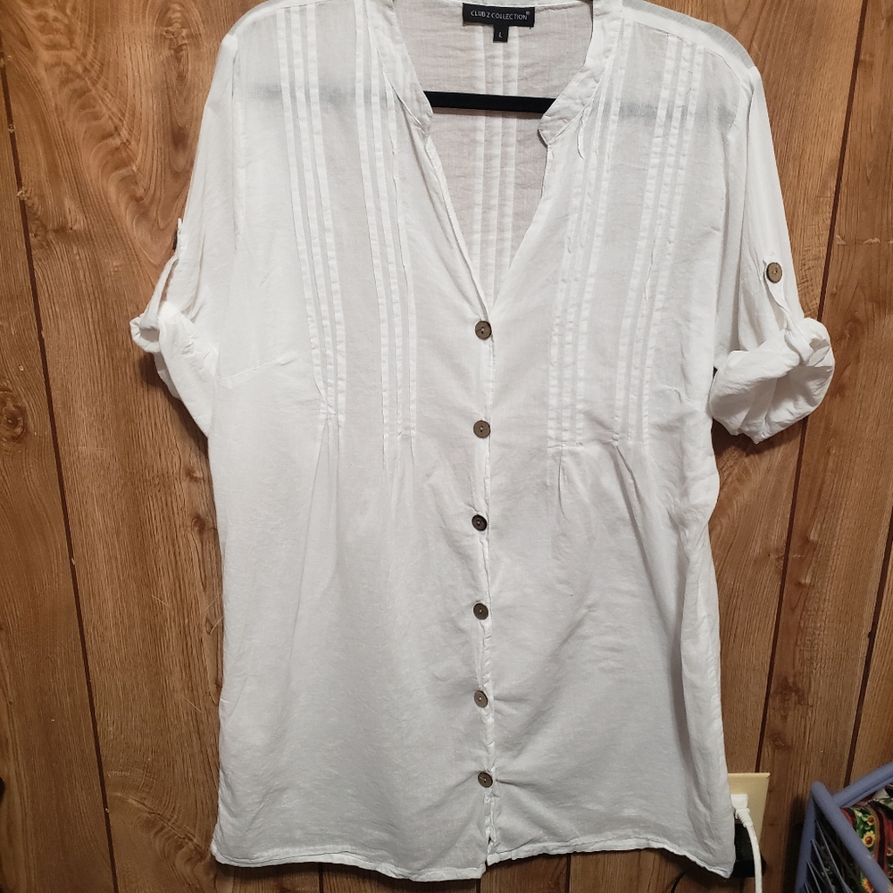 Club Z Collection Tunic White 100% Cotton Blouse/ Cover up Sz L